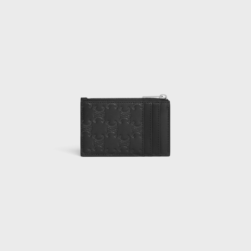 Zipped Card Holder IN Calfskin with triomphe embossed - BLACK - COIN AND CARD HOLDERS - 1 | CELINE