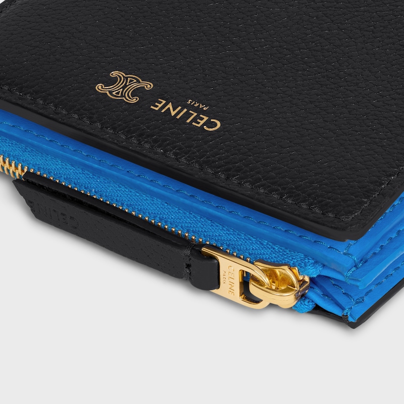 COMPACT WALLET TRIOMPHE STAMP IN SUPPLE GRAINED CALFSKIN - BLACK / ULTRA BLUE - NEW - 1 | CELINE