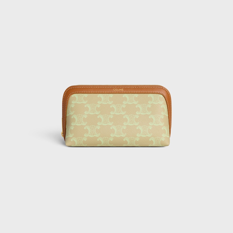 NECESER PARA COSMÉTICOS PEQUEÑO DE LONA TRIOMPHE Y PIEL DE BECERRO - ARENA / VERDE LIMA SUAVE - VIAJE - 1 | CELINE
