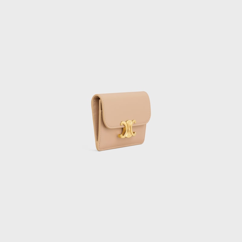 CARD HOLDER WITH FLAP TRIOMPHE in Shiny calfskin - OAT BEIGE - COIN AND CARD HOLDERS - 1 | CELINE
