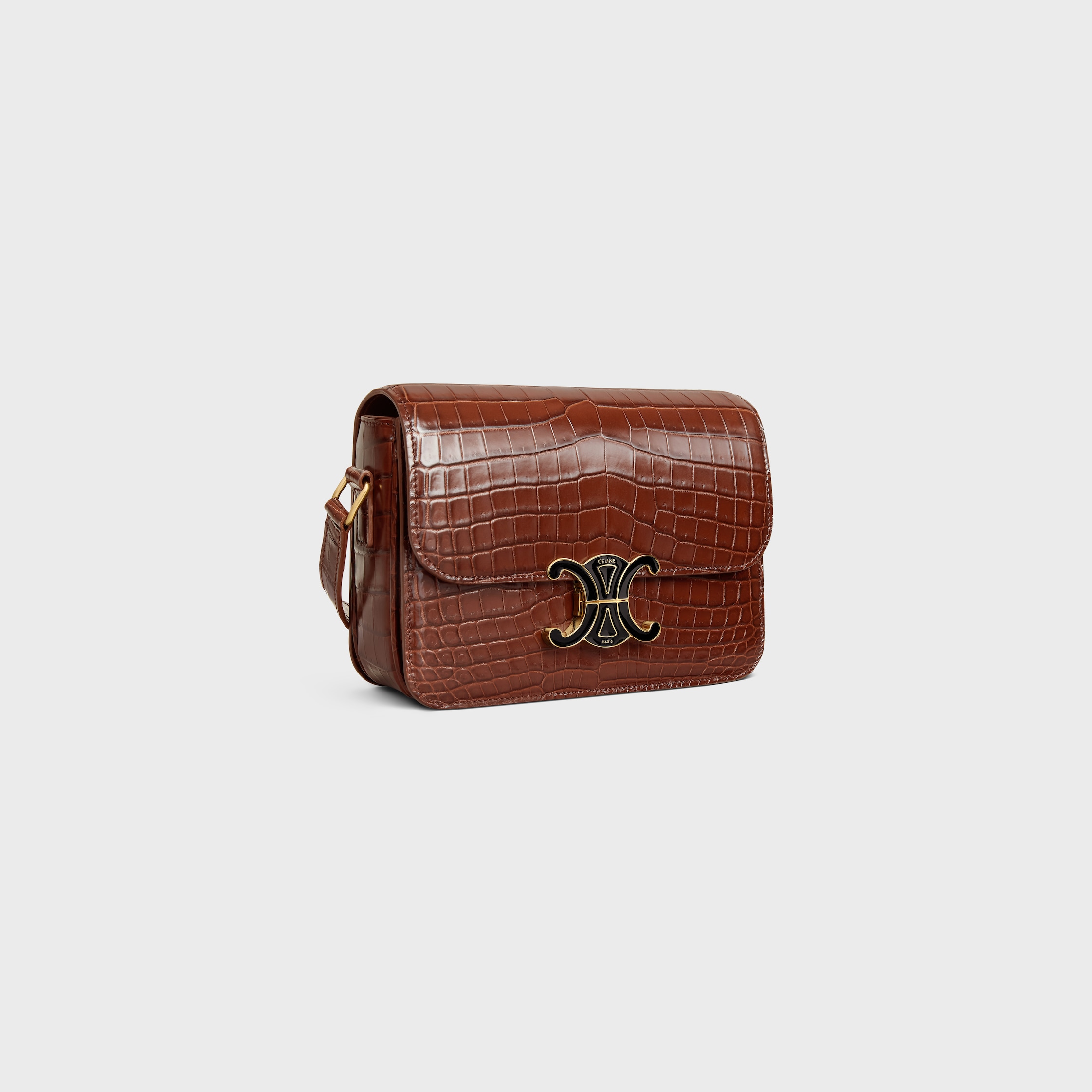 celine マッチケース　ブラス　クロコダイル　バーガンディ TEEN TRIOMPHE BAG IN CROCODILE WITH ENAMEL CLOSURE - BROWN / BLACK