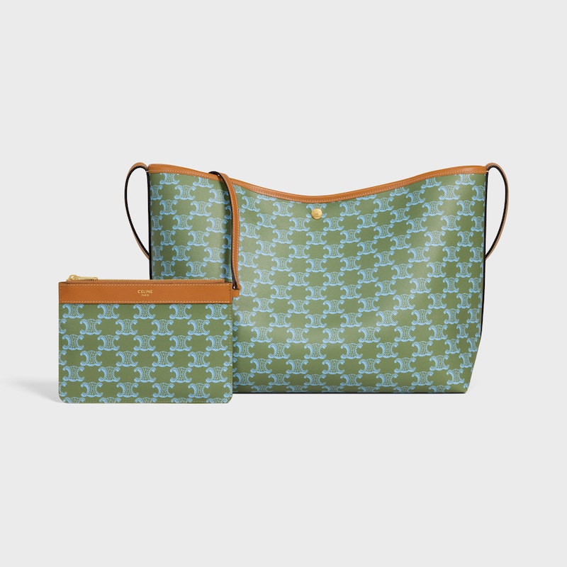 SOFT SHOPPER BAG IN TRIOMPHE CANVAS AND CALFSKIN - LIGHT KAKI / SKY BLUE - HOBO AND TOTE BAGS - 1 | CELINE