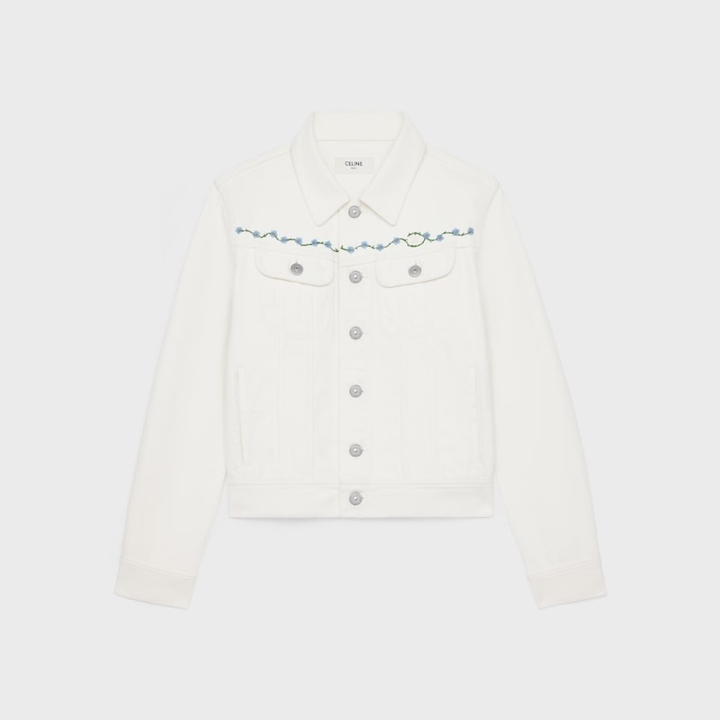 embroidered trucker jacket in raw wash white denim - RAW WASH -  - 1 | CELINE