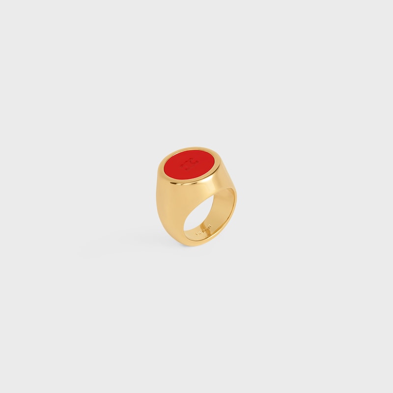 Triomphe Signet Ring in Varnish and Brass with Gold Finish - POPPY RED / GOLD -  - 1 | CELINE