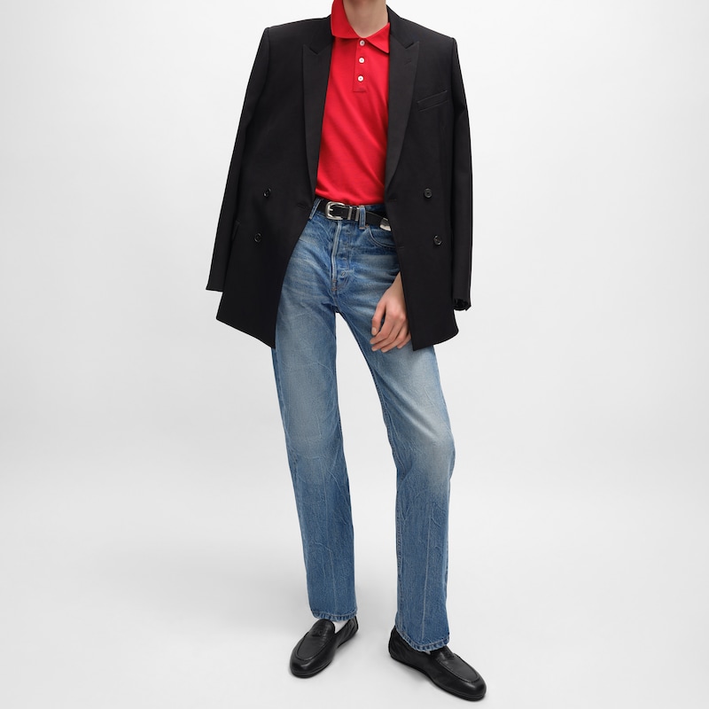 CAMISA POLO EM MALHA PIQUÉ DE ALGODÃO - VERMELHO VIVO/ BLEU DENIM -  - 1 | CELINE