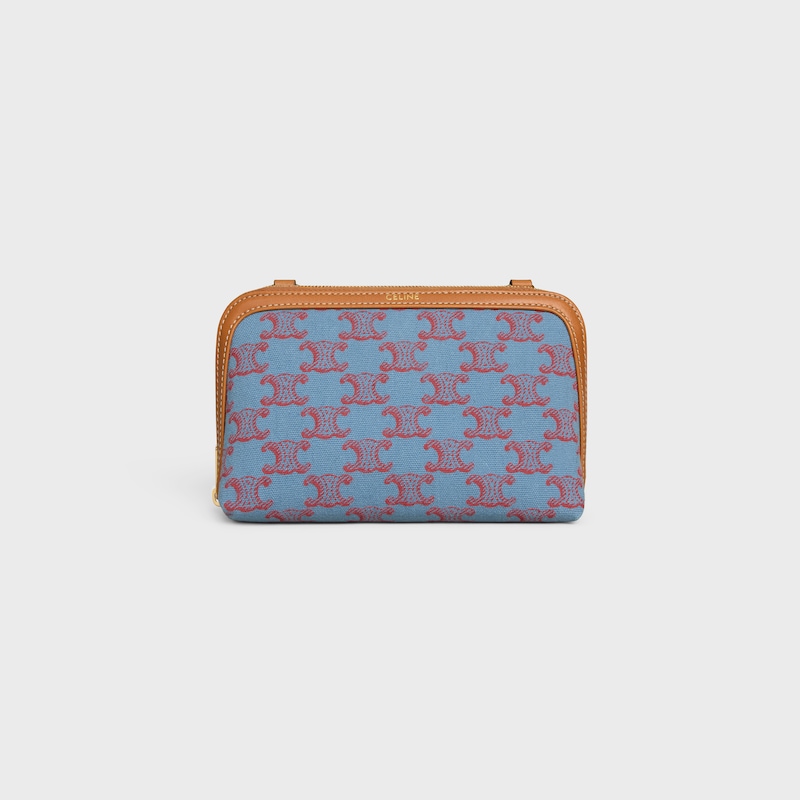 Clutch on Chain IN TEXTILE WITH TRIOMPHE ALL OVER AND NATURAL CALFSKIN - DENIM BLUE / RED - MORE LINES - 1 | CELINE