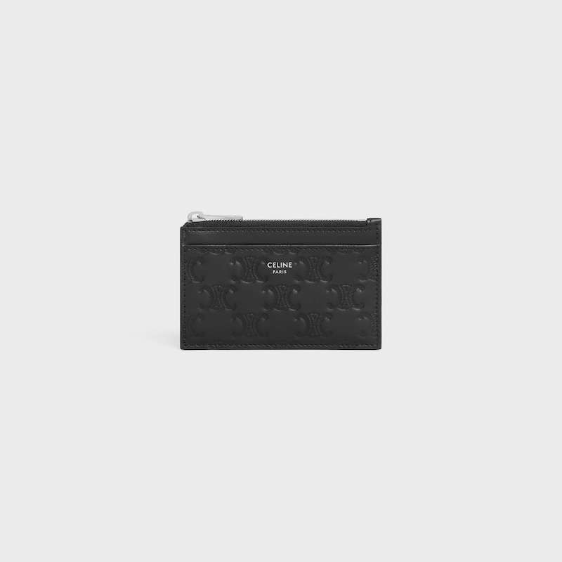 Zipped Card Holder IN Calfskin with triomphe embossed - BLACK - COIN AND CARD HOLDERS - 1 | CELINE