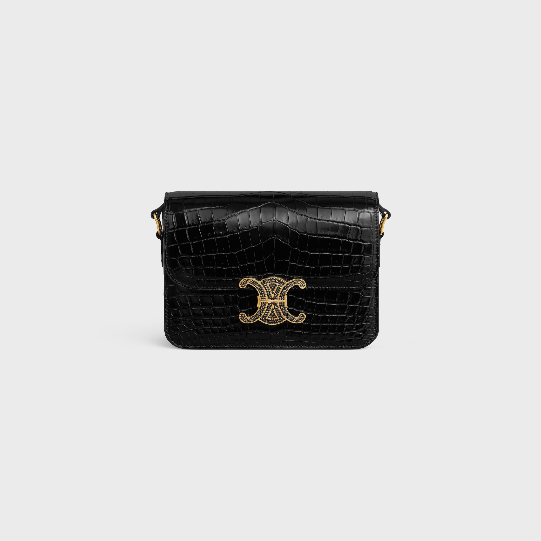 CELINE パーティーバッグ ブラック TEEN TRIOMPHE BAG IN CROCODILE WITH STRASS CLOSURE - BLACK | CELINE