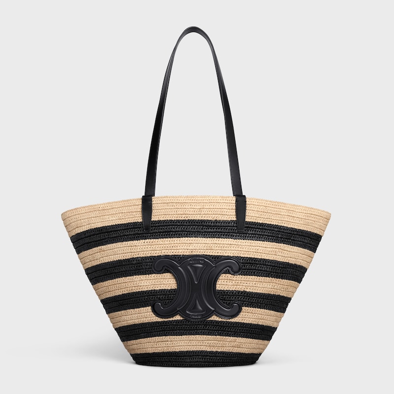 STRIPED COUFFIN Celine Classic Panier in RAFFIA AND CALFSKIN - NATURAL / BLACK - CLASSIC PANIER - 1 | CELINE