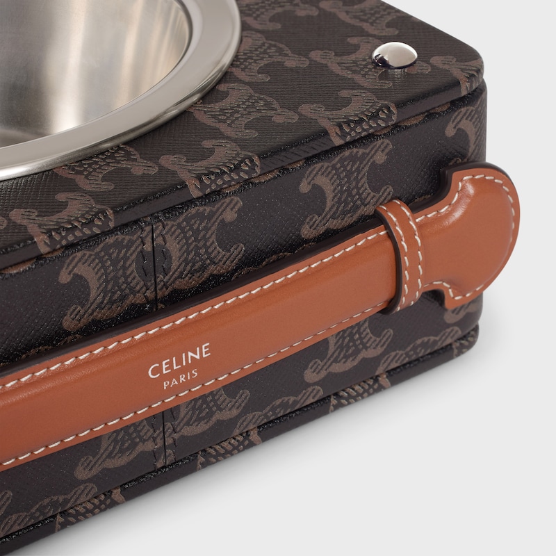 Double Dog Bowl in Nappa Lambskin with Triomphe Canvas Print and Calfskin - TAN - DOG ACCESSORIES - 1 | CELINE