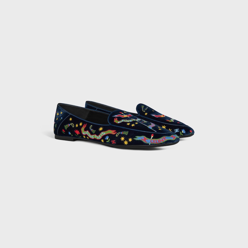 AURA LOAFER IN COLLEGE EMBROIDERED VELVET - DEEP BLUE -  - 1 | CELINE