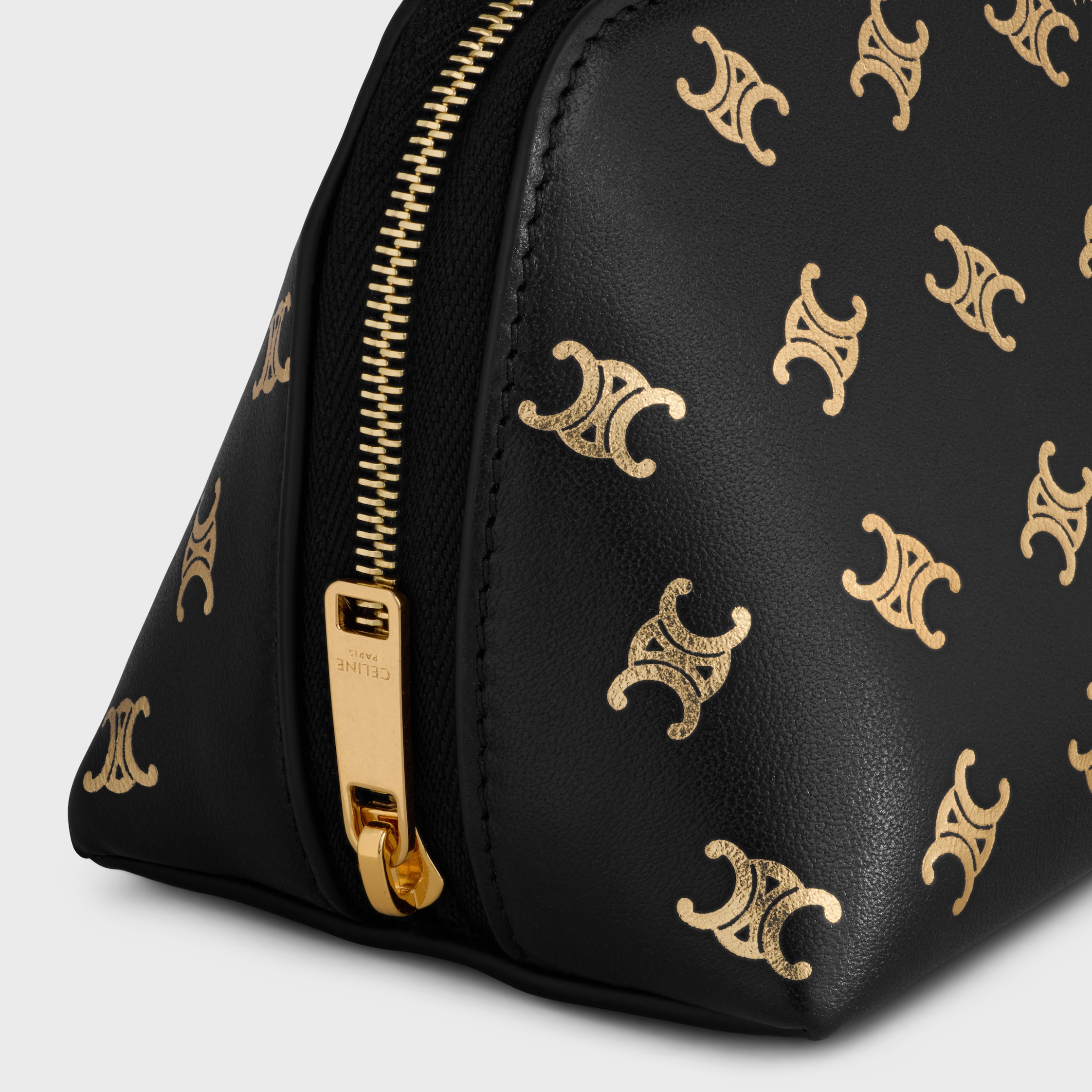 SMALL COSMETIC POUCH IN CALFSKIN EMBOSSED TRIOMPHE - BLACK / GOLD