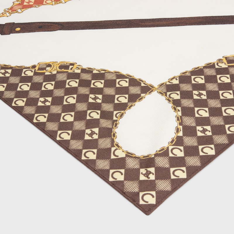 桑蠶絲斜紋布方巾 - 奶油白/棕色/棕褐色 -  - 1 | CELINE