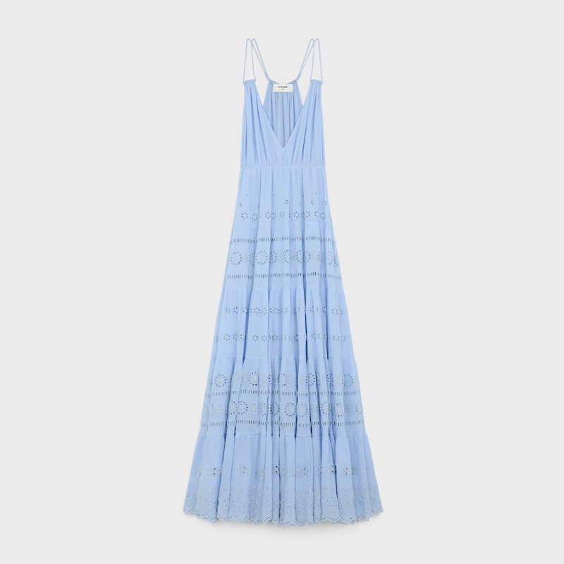 embroidered long dress in cotton silk crepon - BLEU CIEL -  - 1 | CELINE