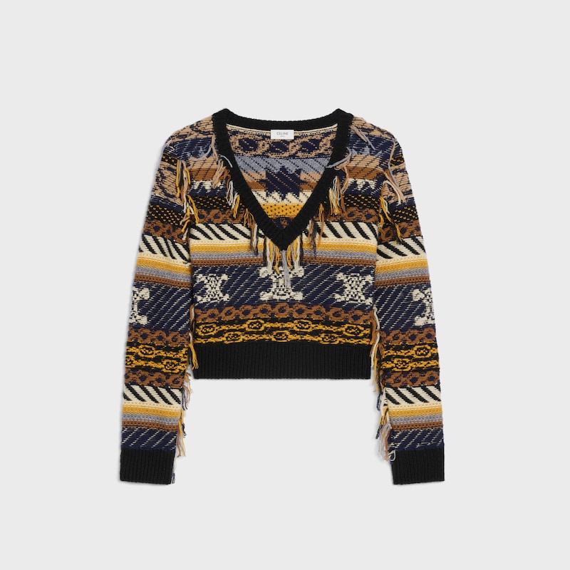 Camisola com decote em V em caxemira jacquard - CASTANHO / CINZENTO - - 1 | CELINE