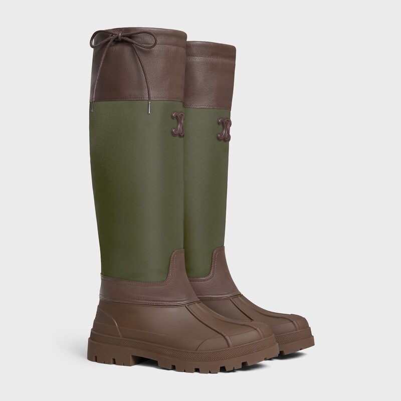 celine riley HIGH BOOT IN Nylon and Calfskin - Dark Brown / Khaki | CELINE
