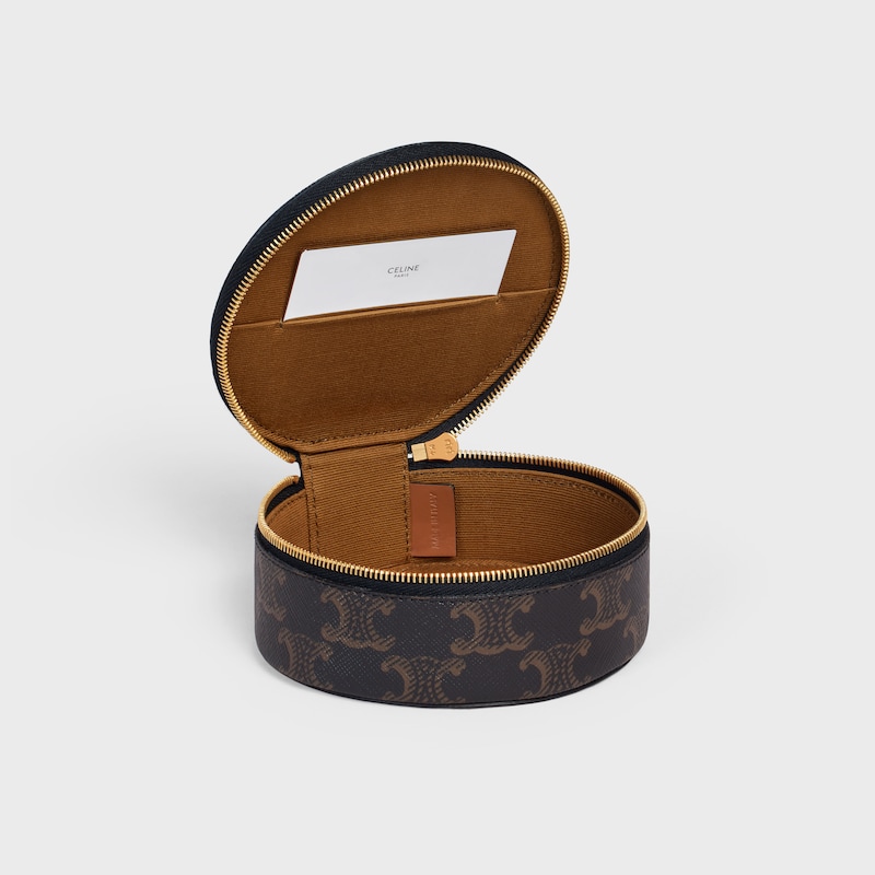 Estuche redondo con cremallera de lona Triomphe y piel de becerro - TOSTADO - ACCESORIOS DE BELLEZA - 1 | CELINE