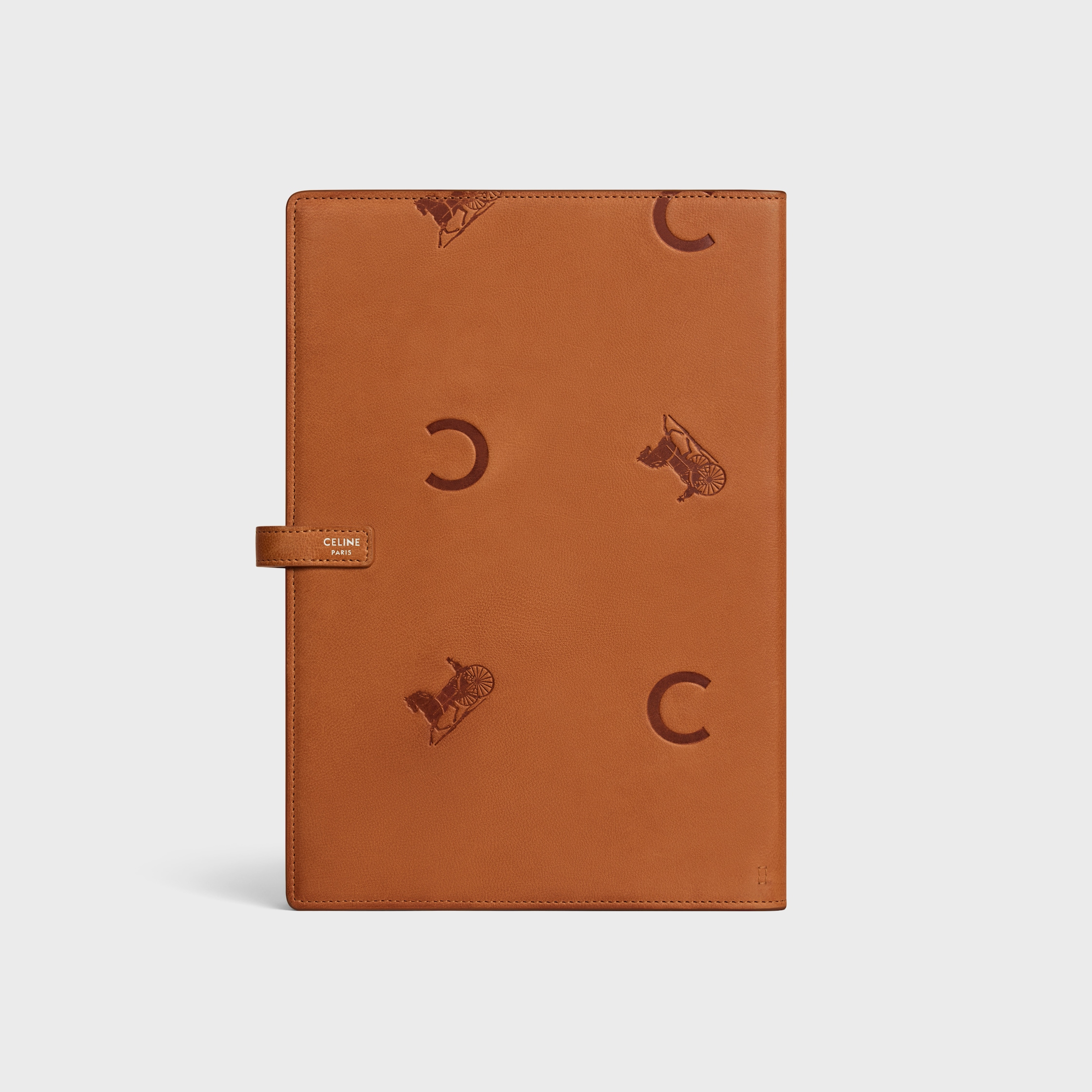 LARGE NOTEBOOK COVER WITH POUCH IN STAMPED NATURAL CALFSKIN - TAN