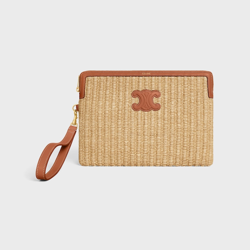 SMALL POUCH WITH STRAP IN raffia effect textile and calfskin - TAN - POUCHES AND TECH ACCESSORIES - 1 | CELINE