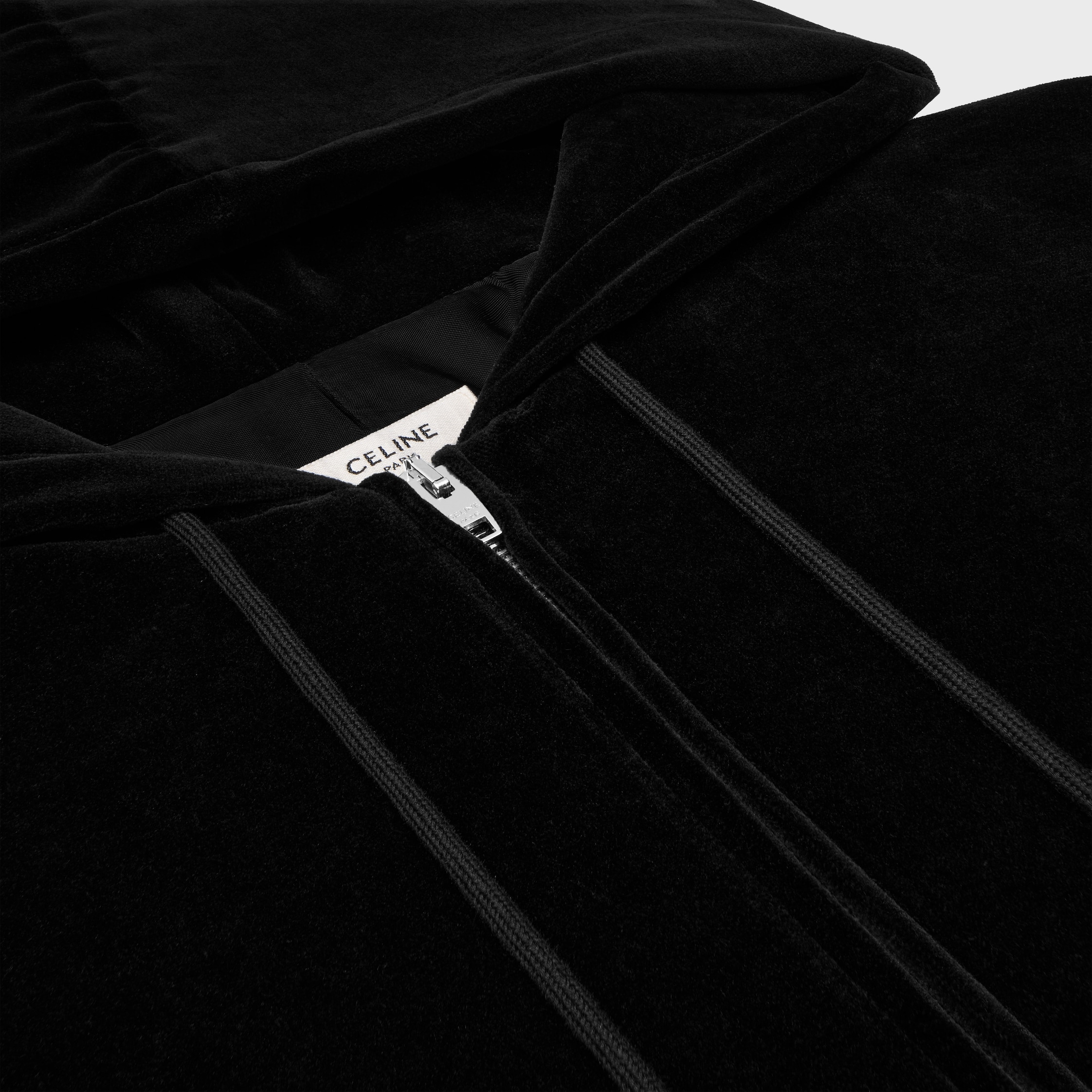 LOOSE ZIP UP HOODIE IN VELVET JERSEY - BLACK / WHITE | CELINE