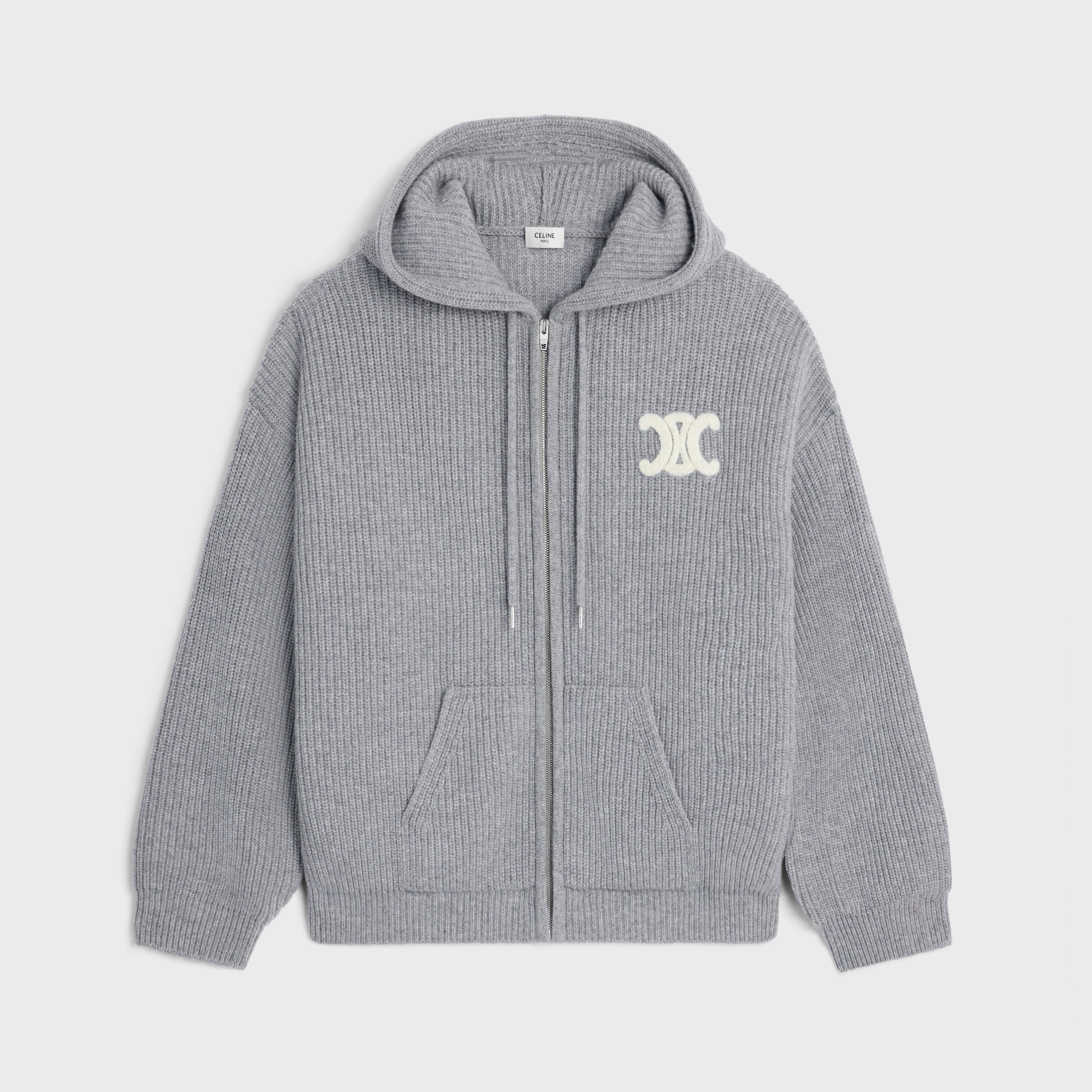 CELINE フード付きセーター ウール ミディアムグレー 美品　M 美品 CELINE セリーヌ フードセーター リブ編み ウール ニットパーカー