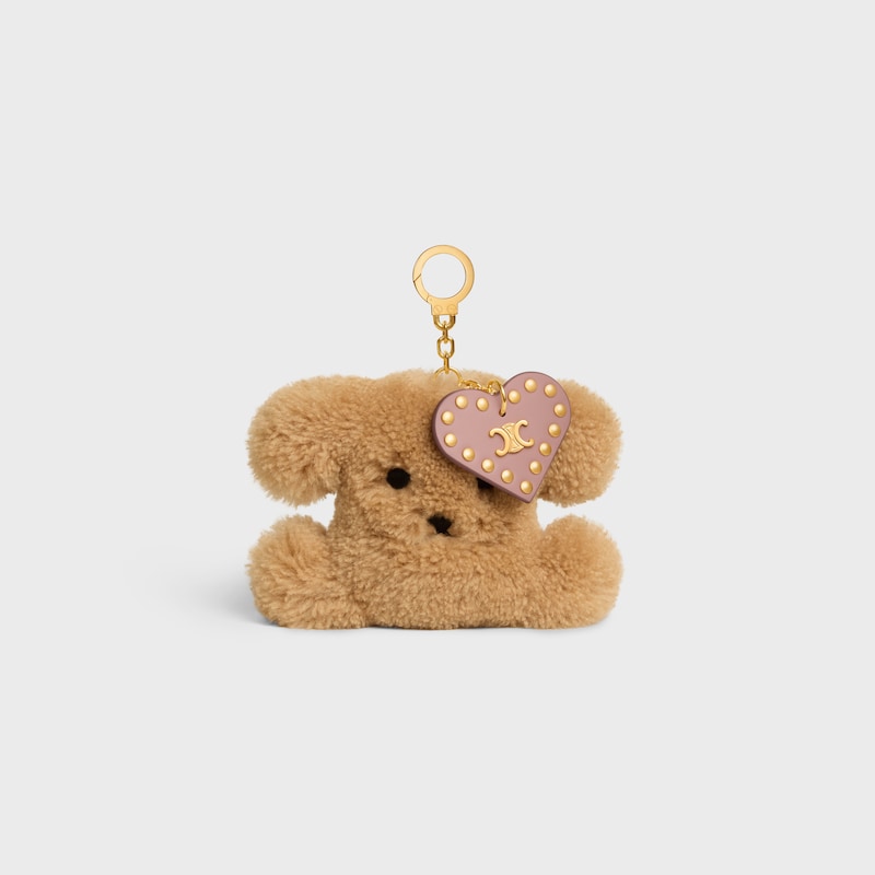 TRIOMPHE POM-POM CHARM IN Embroidered Shearling and Calfskin - BROWN / PINK - CHARMS AND ACCESSORIES - 1 | CELINE