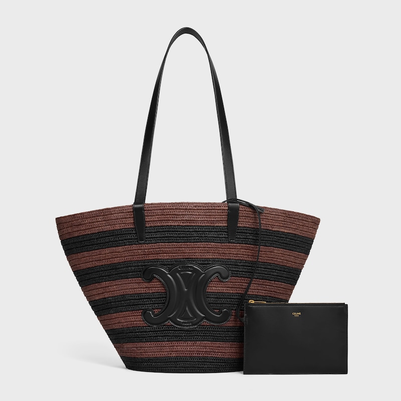 COUFFIN CELINE CLASSIC PANIER IN STRIPED RAFFIA AND CALFSKIN - BLACK / BROWN - HOBO AND TOTE BAGS - 1 | CELINE