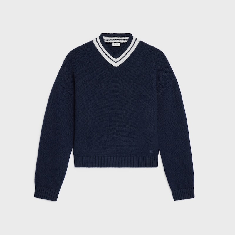 v-neck sweater IN cashmere - NAVY / WHITE -  - 1 | CELINE