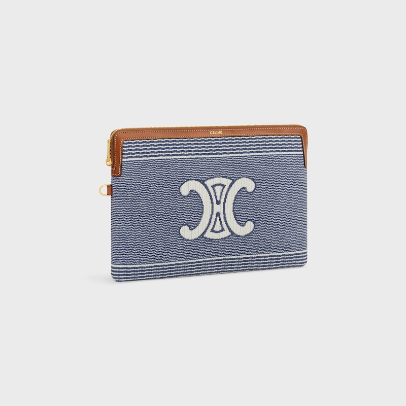 SMALL POUCH WITH STRAP IN Striped Textile With Triomphe - BLUE / BEIGE - POUCHES AND TECH ACCESSORIES - 1 | CELINE