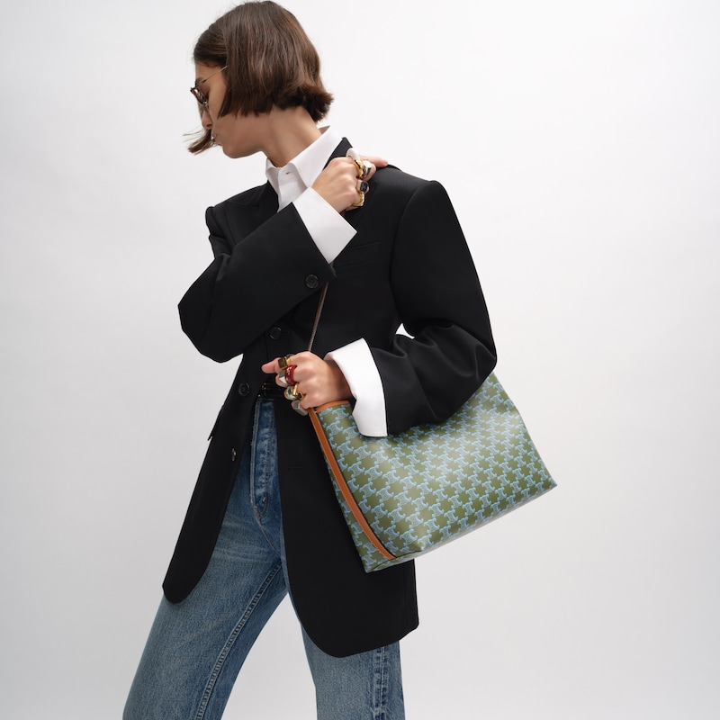 SOFT SHOPPER BAG IN TRIOMPHE CANVAS AND CALFSKIN - LIGHT KAKI / SKY BLUE - HOBO AND TOTE BAGS - 1 | CELINE