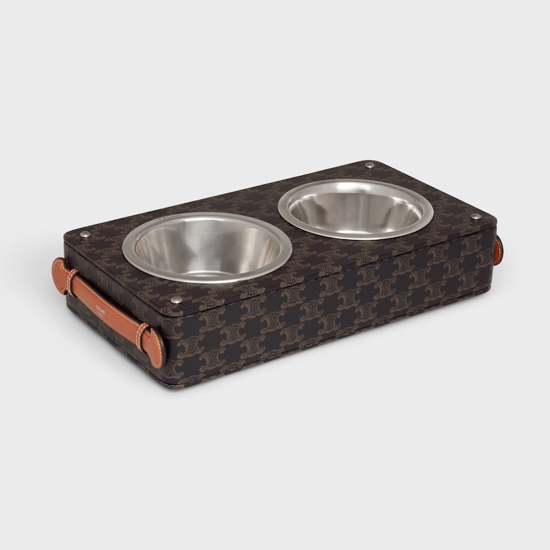 Double Dog Bowl in Nappa Lambskin with Triomphe Canvas Print and Calfskin - TAN - DOG ACCESSORIES - 1 | CELINE