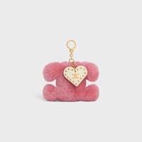 TRIOMPHE pom-pom keyring with HEART in SHEARLING AND CALFSKIN with GOLD FINISHING - PINK - CHARMS AND ACCESSORIES - 1 | CELINE