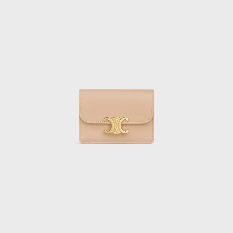 CARD HOLDER WITH FLAP TRIOMPHE in Shiny calfskin - OAT BEIGE - COIN AND CARD HOLDERS - 1 | CELINE
