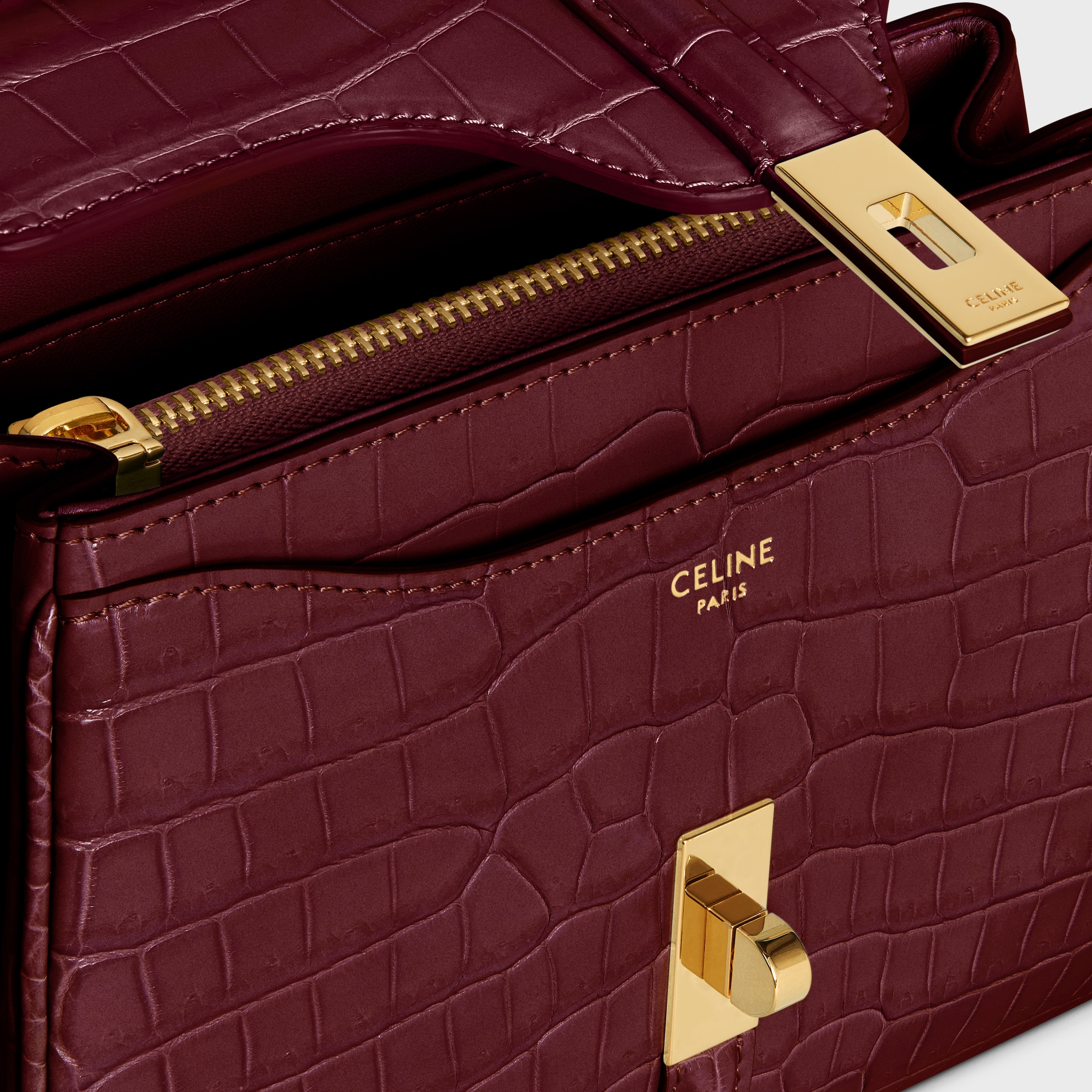 ☆ CELINE ☆ Vintage ☆ mini broach MINI 16 in porosus crocodile - BURGUNDY | CELINE