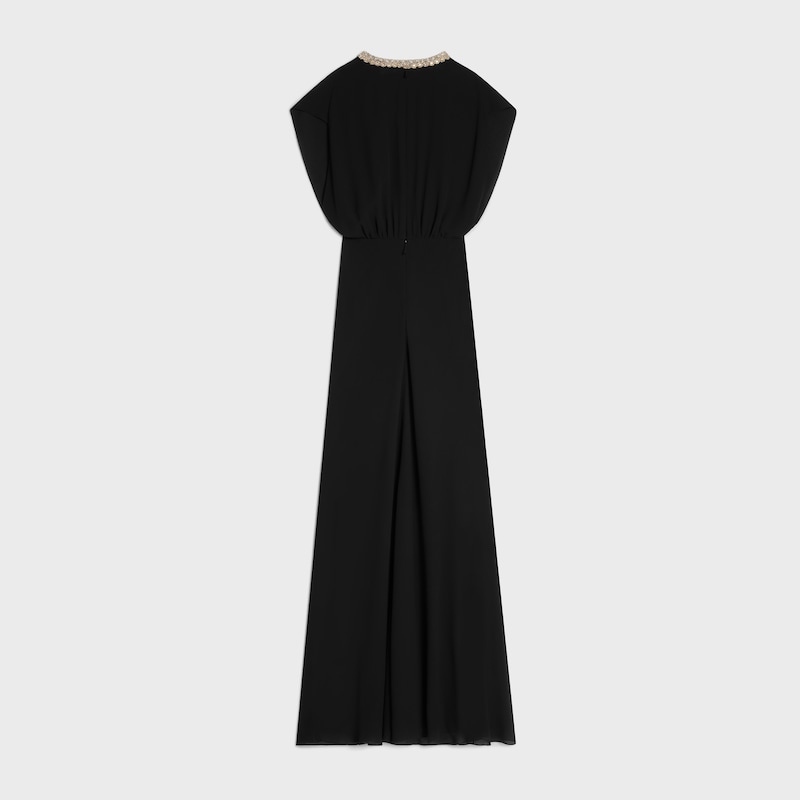 long dress with embroidered collar IN silk georgette - BLACK -  - 1 | CELINE