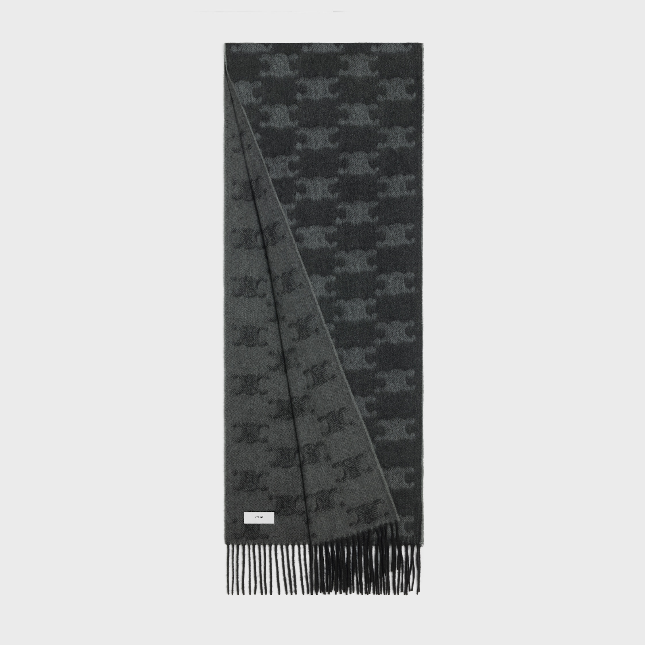 fringed scarf in monogram cashmere - NOIR/ANTHRACITE | CELINE