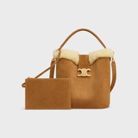MEDIUM LOUISE BAG in SUEDE CALFSKIN AND SHEARLING - TOBACCO / CREAM - BUCKET BAGS - 1 | CELINE