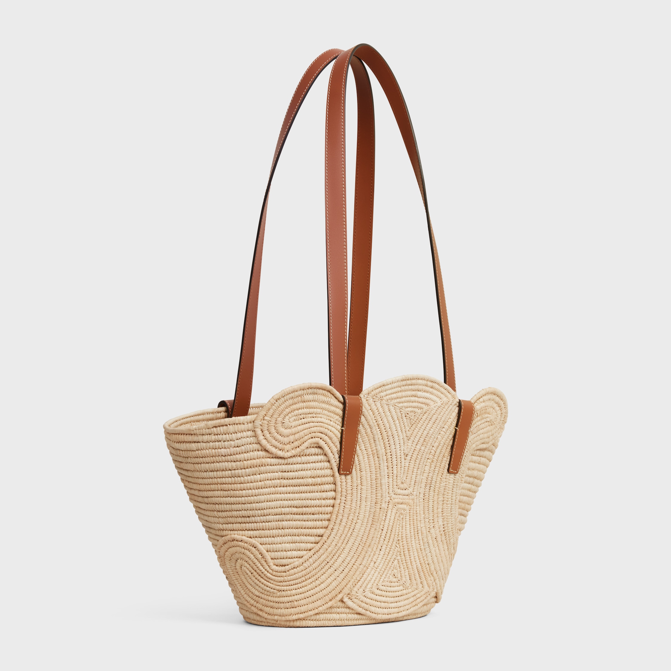 【CELINE】STRIPED COUFFIN CLASSIC PANIER BAG COUFFIN CELINE CLASSIC PANIER IN STRIPED RAFFIA AND CALFSKIN