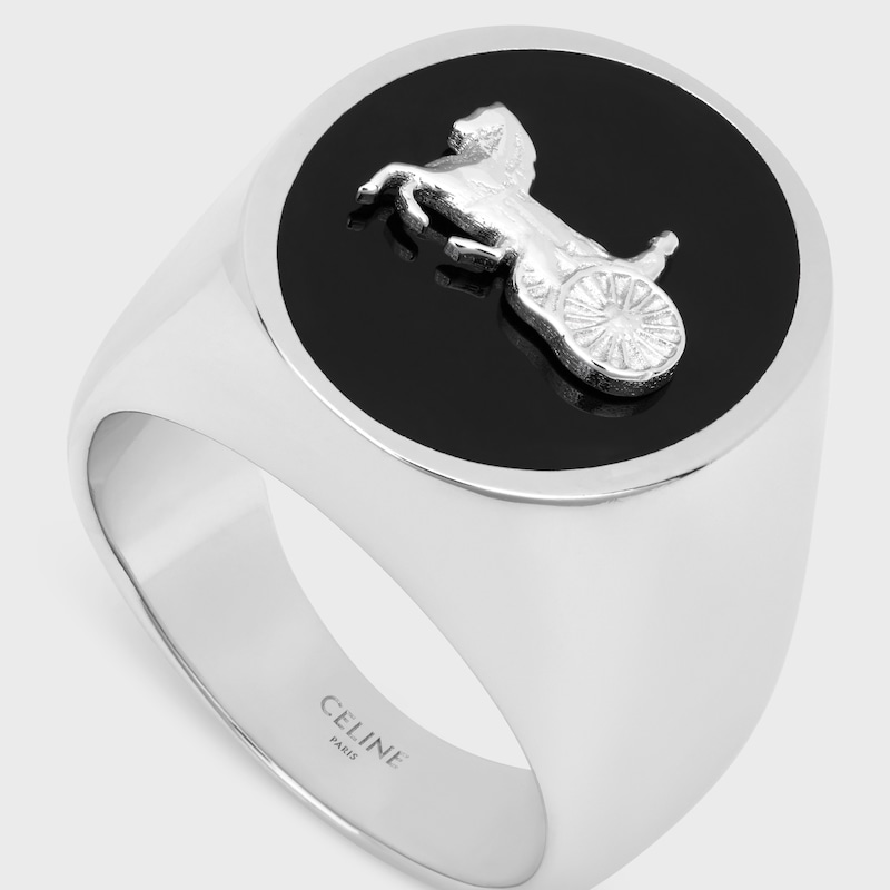 CELINE SULKY Signet Ring IN Enamel and Brass with Rhodium Finish - SILVER / BLACK -  - 1 | CELINE