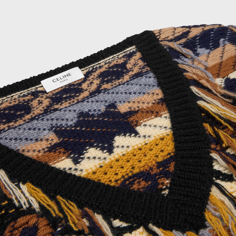 Camisola com decote em V em caxemira jacquard - CASTANHO / CINZENTO - - 1 | CELINE