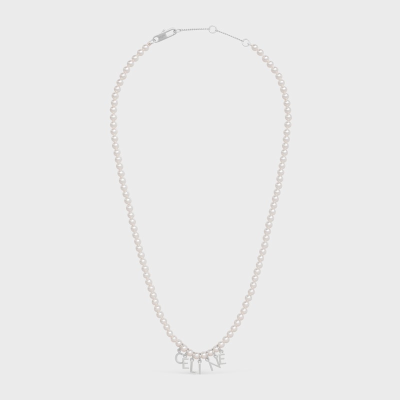 Celine Monochroms Necklace in Glass Pearls and Brass with Rhodium Finish - IVORY / SILVER - SMALL GIFTS - 1 | CELINE