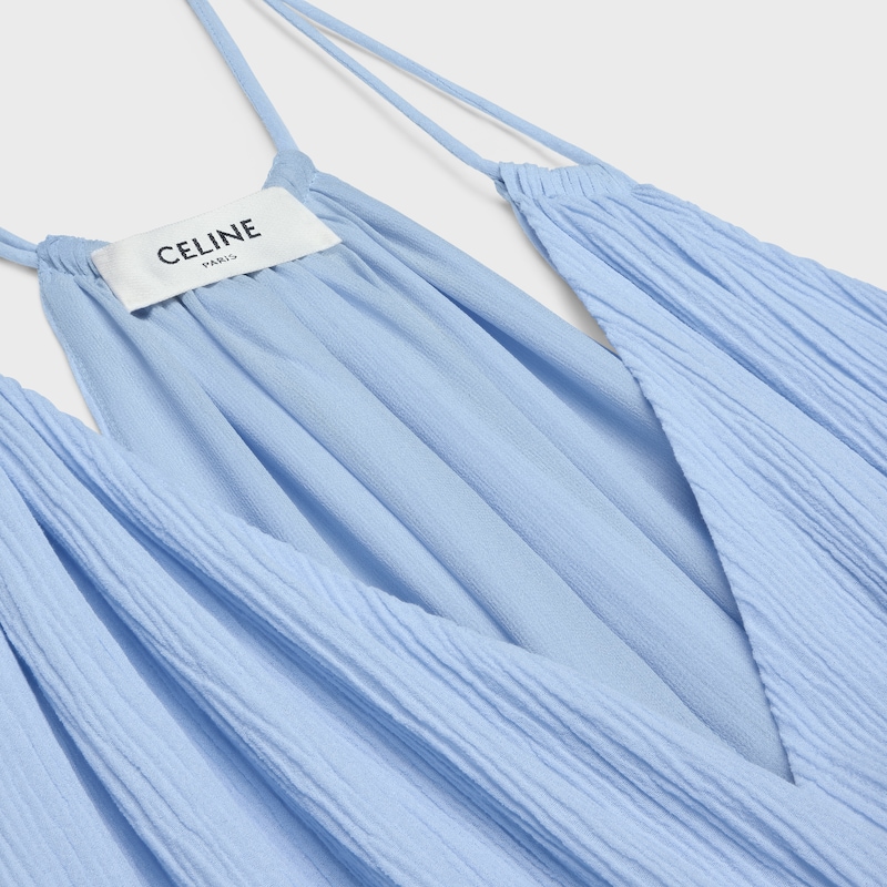 embroidered long dress in cotton silk crepon - BLEU CIEL -  - 1 | CELINE