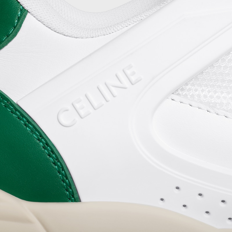 CELINE TRAINER CT-09 LOW LACE-UP SNEAKER IN CALFSKIN AND MESH - Optic White/Dark Green/Beige -  - 1 | CELINE