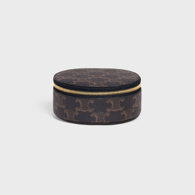 Zipped Round Case in Triomphe Canvas and Calfskin - TAN - BEAUTY ACCESSORIES - 1 | CELINE