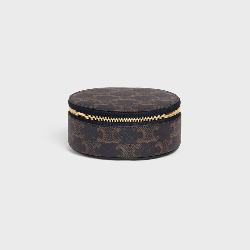 Estuche redondo con cremallera de lona Triomphe y piel de becerro - TOSTADO - ACCESORIOS DE BELLEZA - 1 | CELINE