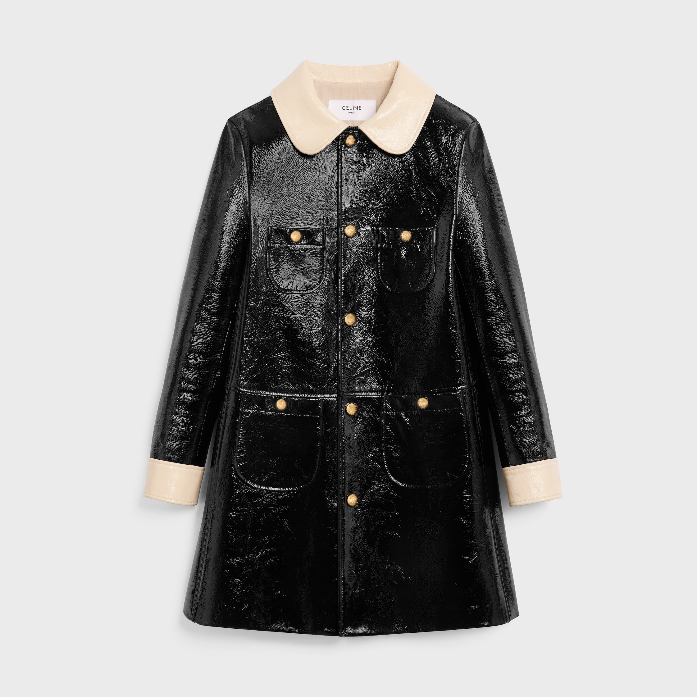 BABYDOLL COAT IN PATENT LAMBSKIN LEATHER - BLACK / CREAM