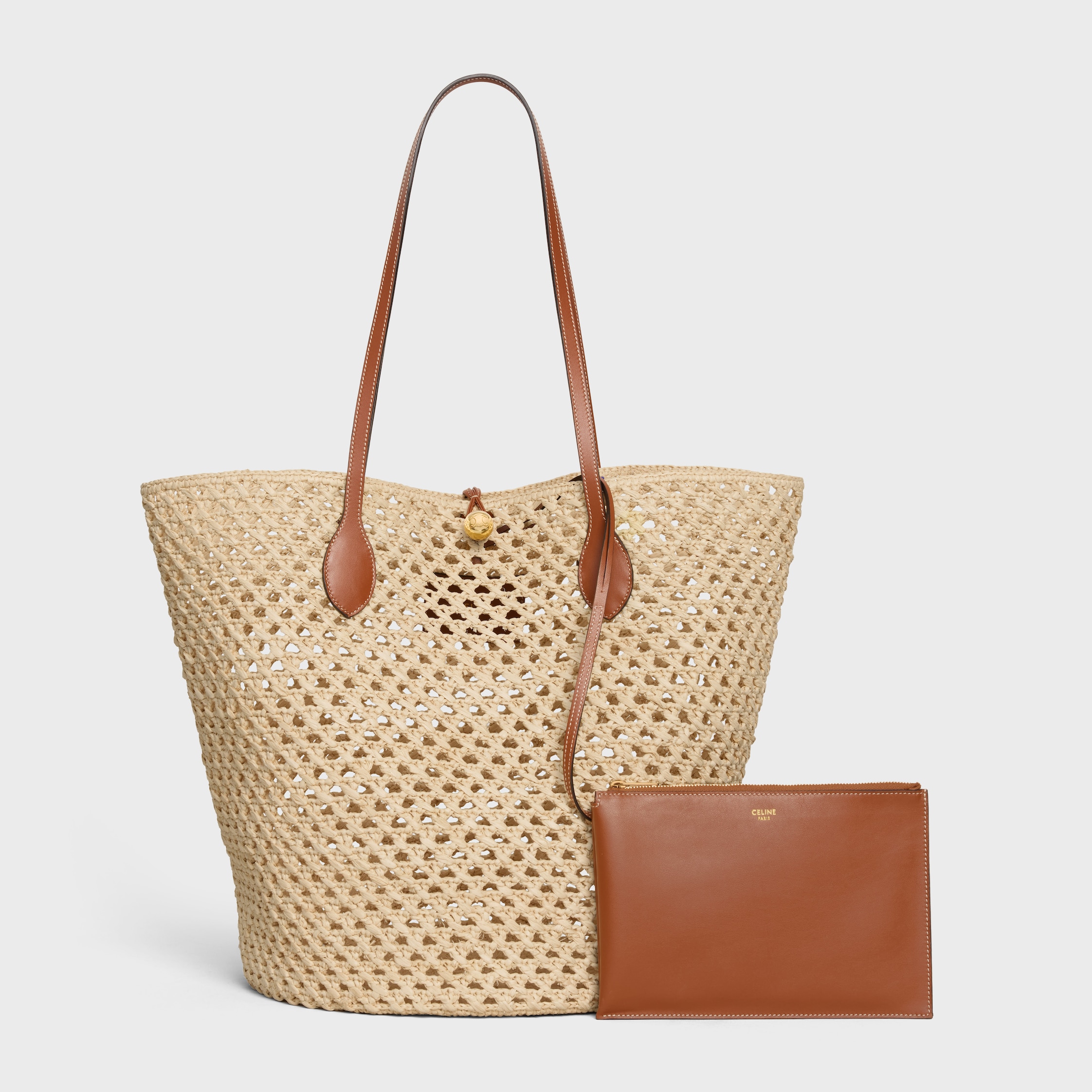 BUCKET TRIOMPHE BEADS BASKET IN RAFFIA AND CALFSKIN - TAN | CELINE
