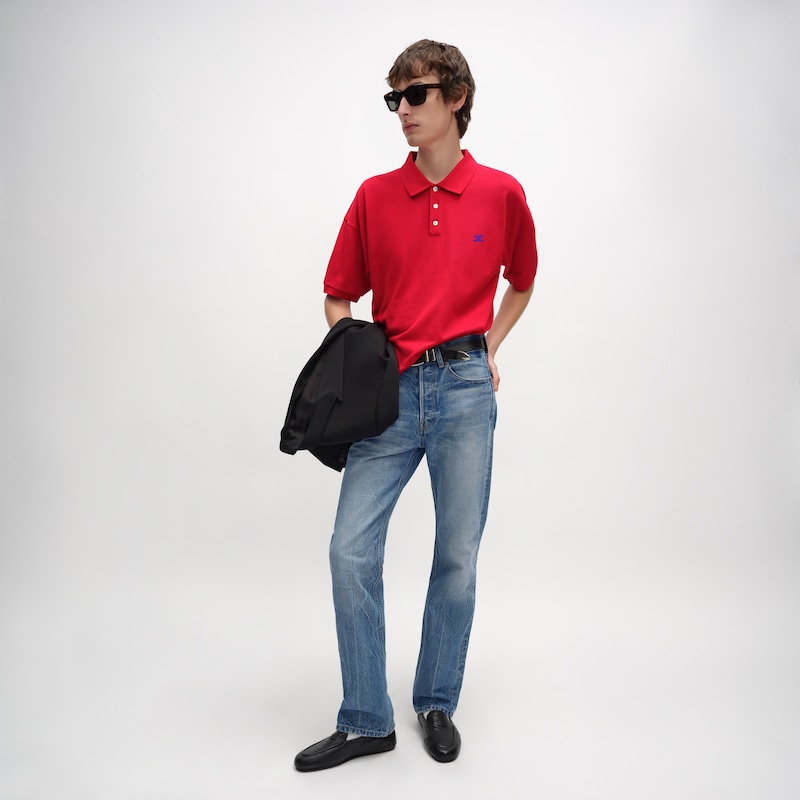 CAMISA POLO EM MALHA PIQUÉ DE ALGODÃO - VERMELHO VIVO/ BLEU DENIM -  - 1 | CELINE