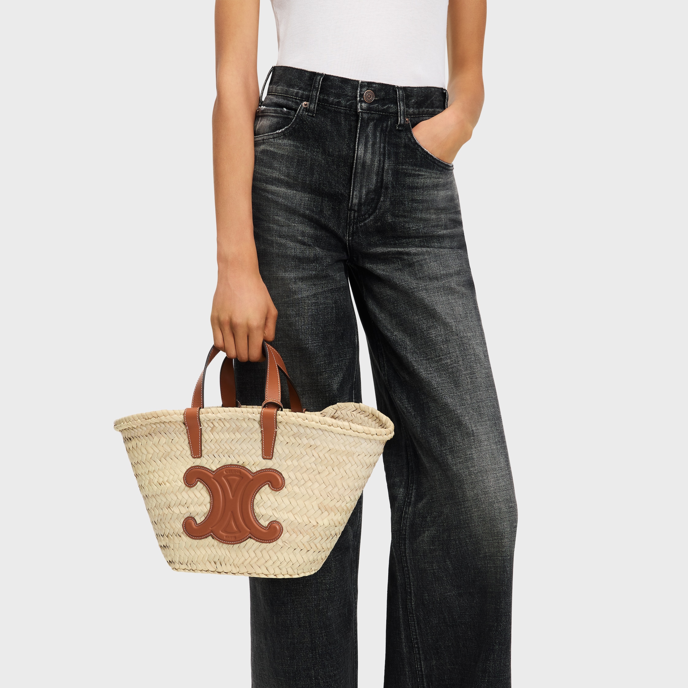 TEEN CELINE CLASSIC PANIER IN Palm leaves and Calfskin - TAN | CELINE