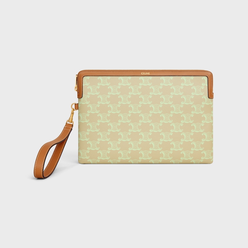 PETITE POCHETTE AVEC DRAGONNE TOILE TRIOMPHE ET VEAU - BEIGE SABLE/ VERT LIME - POCHETTES ET ACCESSOIRES TECHNOLOGIQUES - 1 | CELINE